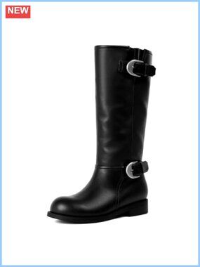 Womens Faux Leather Knee High Boots Round Toe Low Block Heel Tall Combat